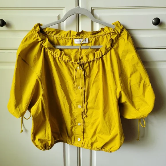 Tory Burch Tie Front Poplin Short Sleeve Blouse Top Mustard Size 8 - Picture 3 of 7